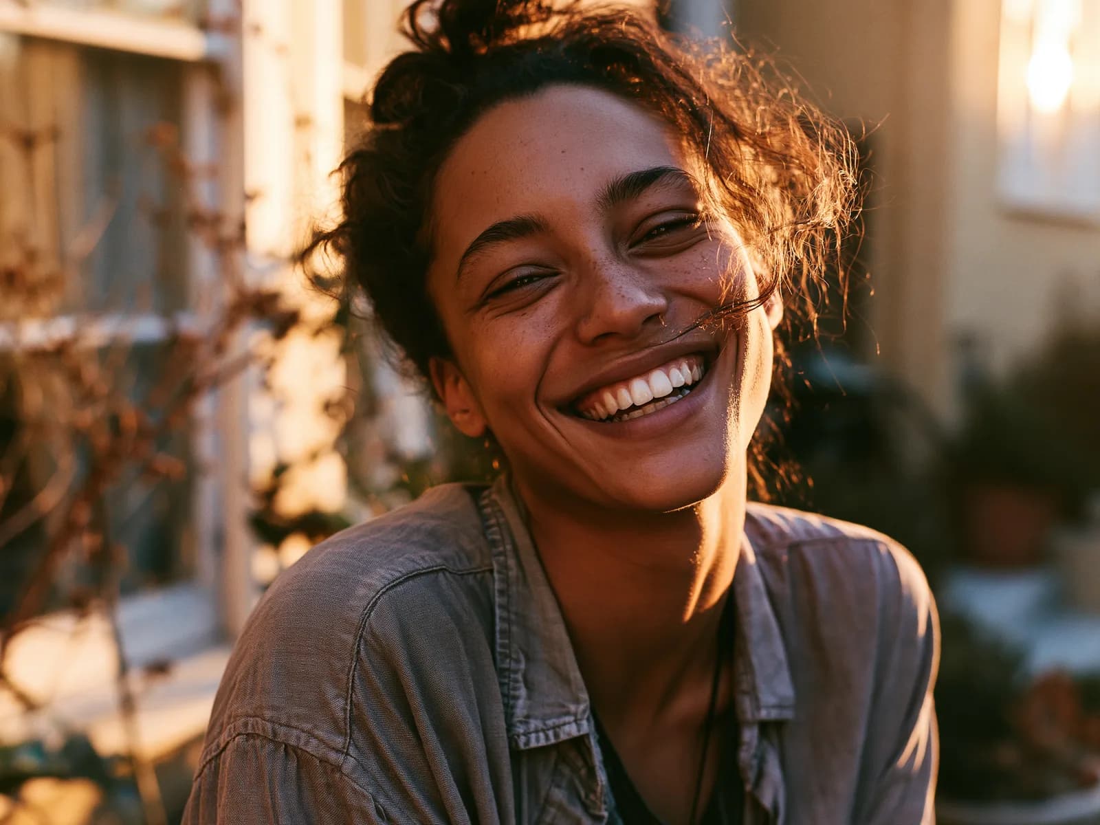A LodeRx member laughing outdoors in golden-hour light
