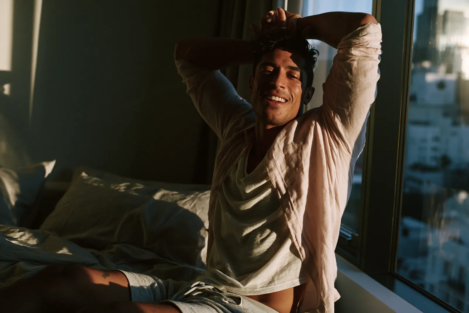 Person with healthy skin in morning light
