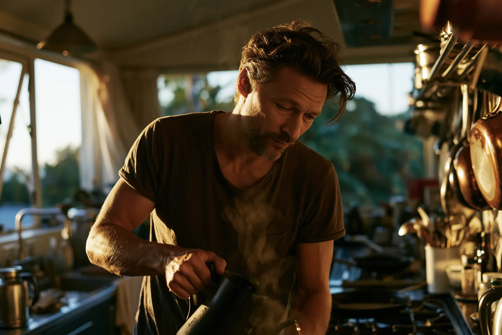 Man starting his day in a kitchen at dawn